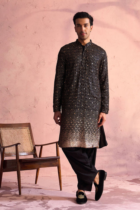 SHRESTHA By VASTRAMAY Men's Black Georgette Zari With Sequins Worked Kurta Patiala Set